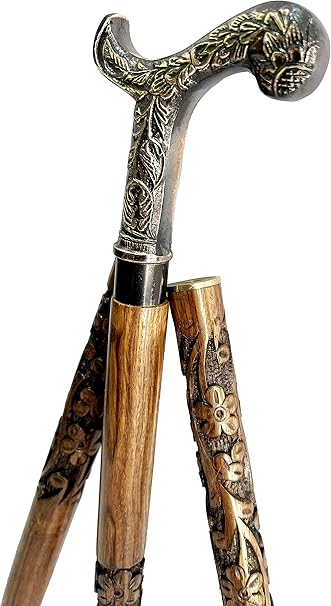 Unisex Victorian walking cane with golden brass handle and 3-fold design