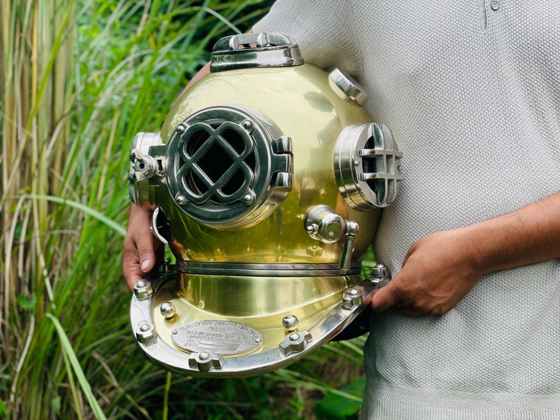 US Navy Marine Diving Helmet featuring classic brass finish