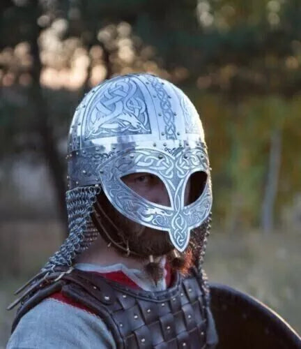 Top view of the Vendel-style Viking helmet highlighting dome shape and etching.