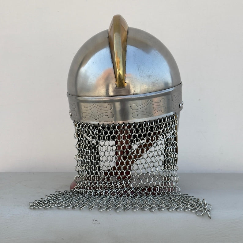 Full set of Viking chainmail wolf helmet on display for collectors and reenactors