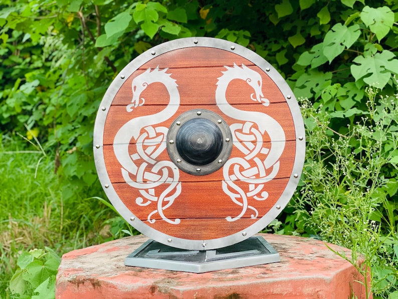 Viking Dragon Wood Shield made from handcrafted oak with Norse design