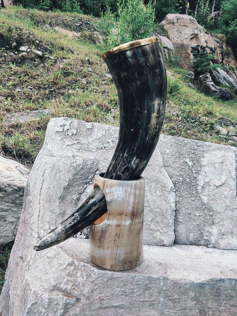 Viking Drinking Horn for Adult with golden metal rim for smooth sipping