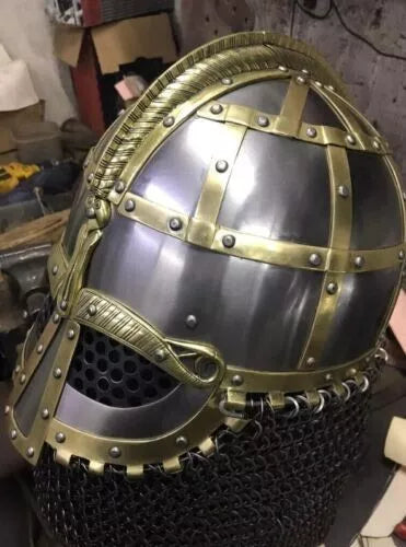 Viking helmet with attached chainmail aventail for neck protection