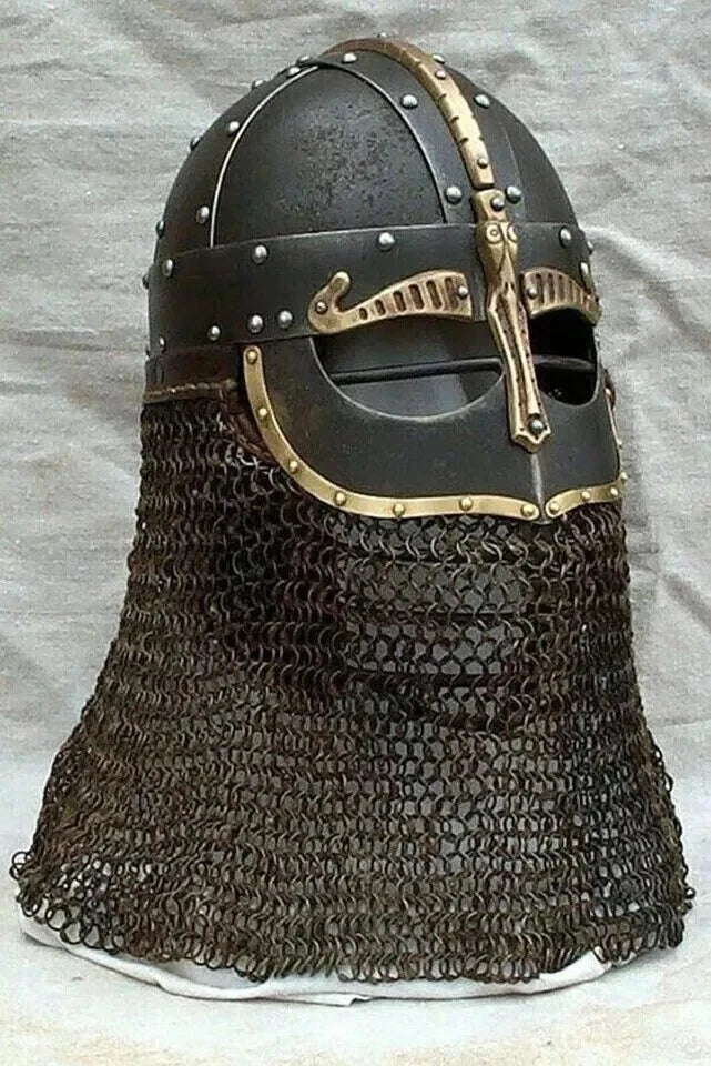 Side angle of Viking helmet with chainmail and wooden display stand, 18-gauge steel construction