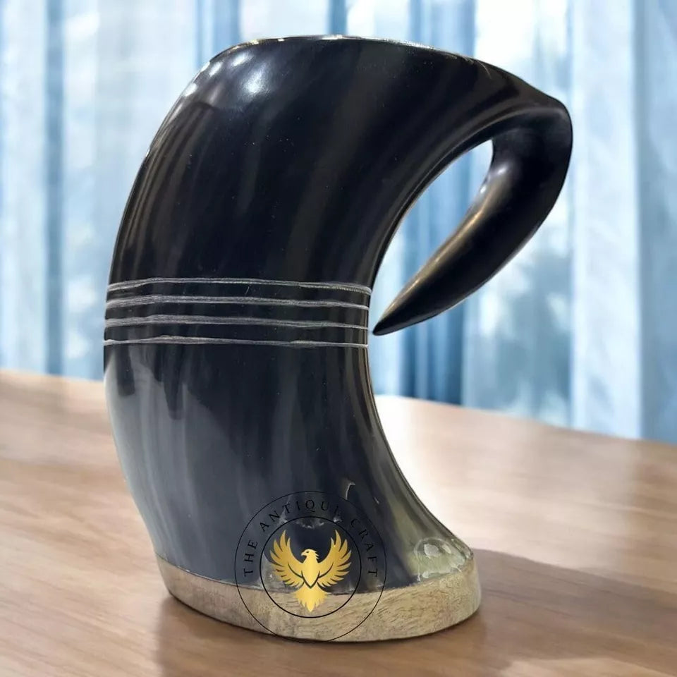 Viking drinking horn tankard presented with authentic medieval burlap gift bag