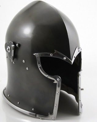 Medieval knight helmet displayed as rustic vintage home decor or cosplay prop.