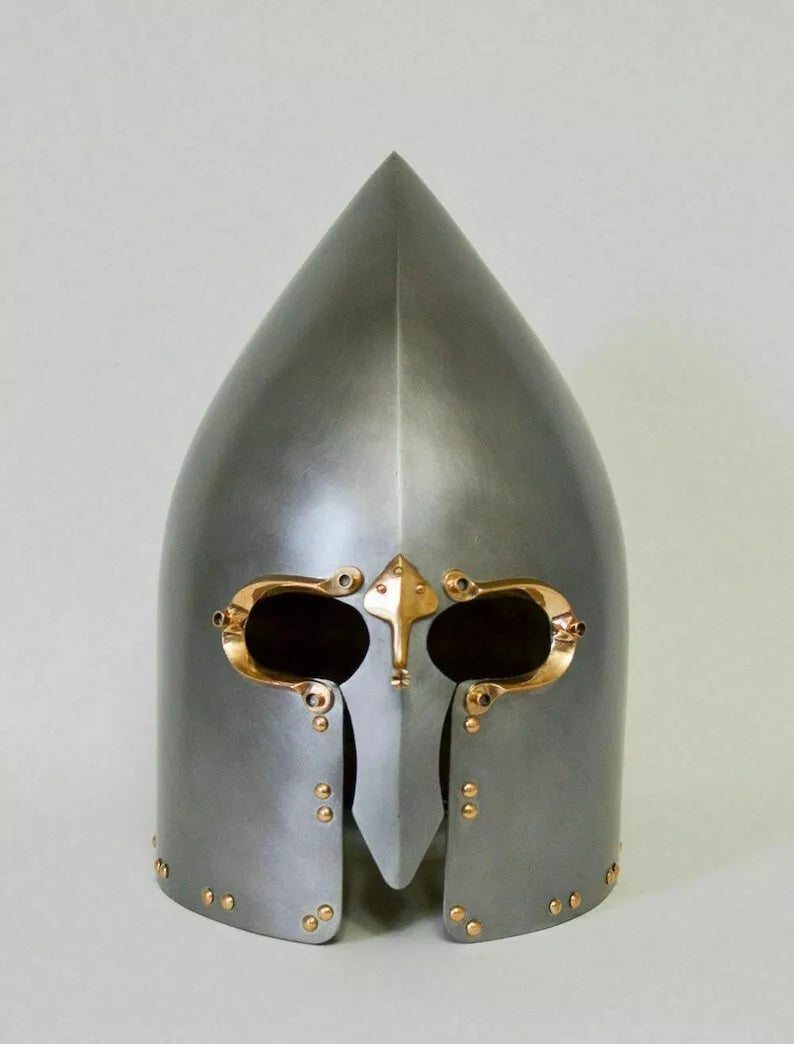 Front view of Viking Lough Henney helmet with antique brass finish and museum-quality design