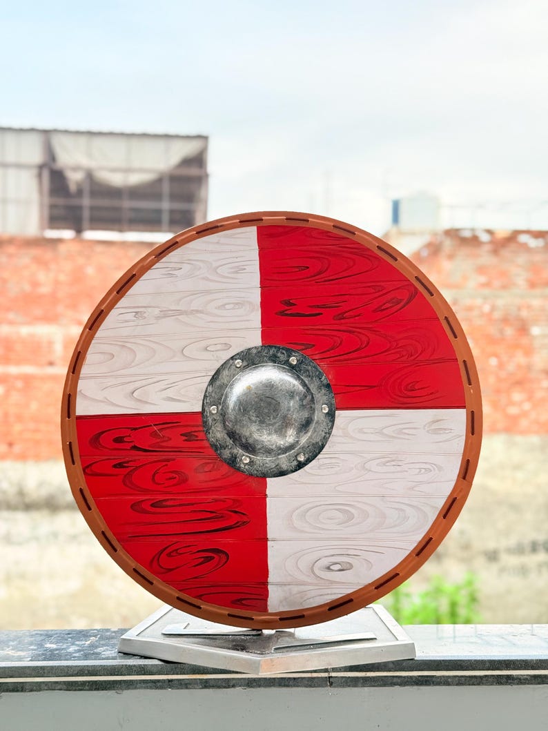 Wooden Viking Round Shield – Red and White Design for LARP Cosplay Prop