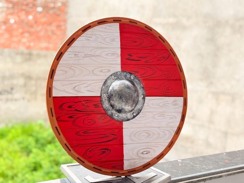 Perfect Gift – Red and White Viking Round Shield for Norse Warrior Fans and LARP Enthusiasts