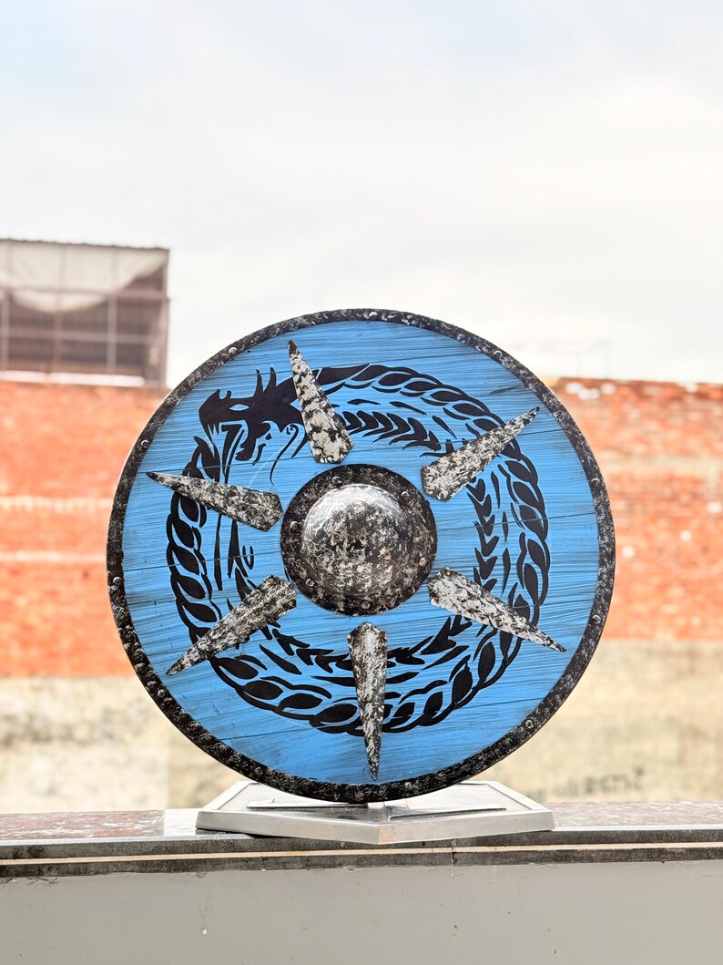 Viking Ouroboros Shield with Steel Boss – Wooden Dragon Shield for LARP Cosplay and Medieval Reenactment