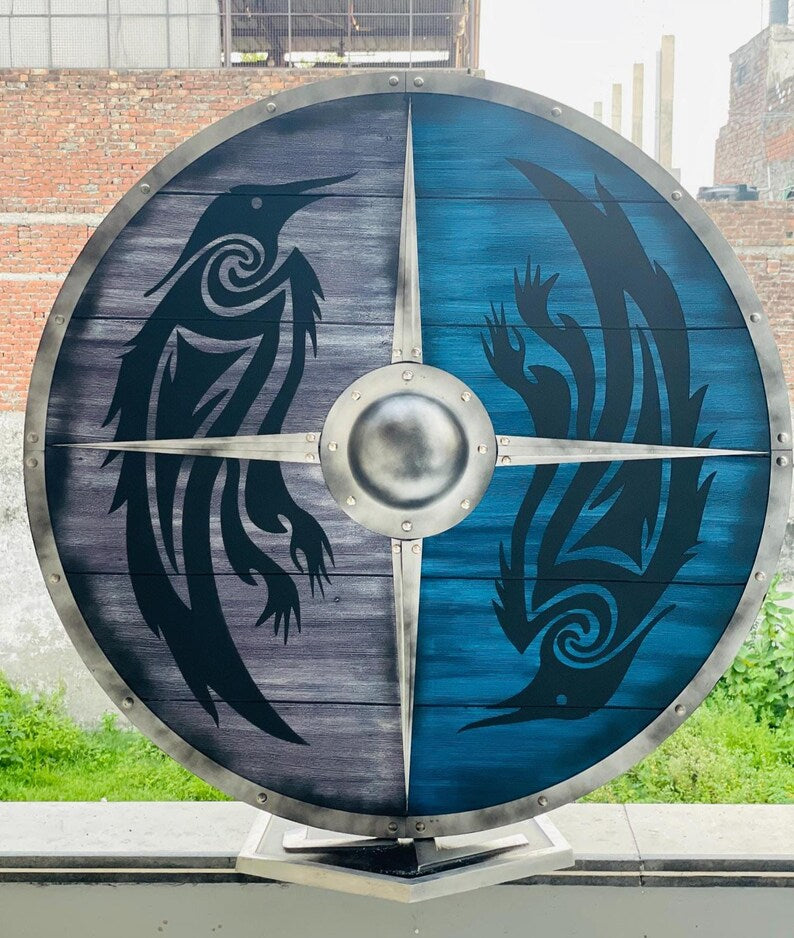 Viking Warrior Round Shield with Crow Design – Authentic Medieval Raven Wooden Shield