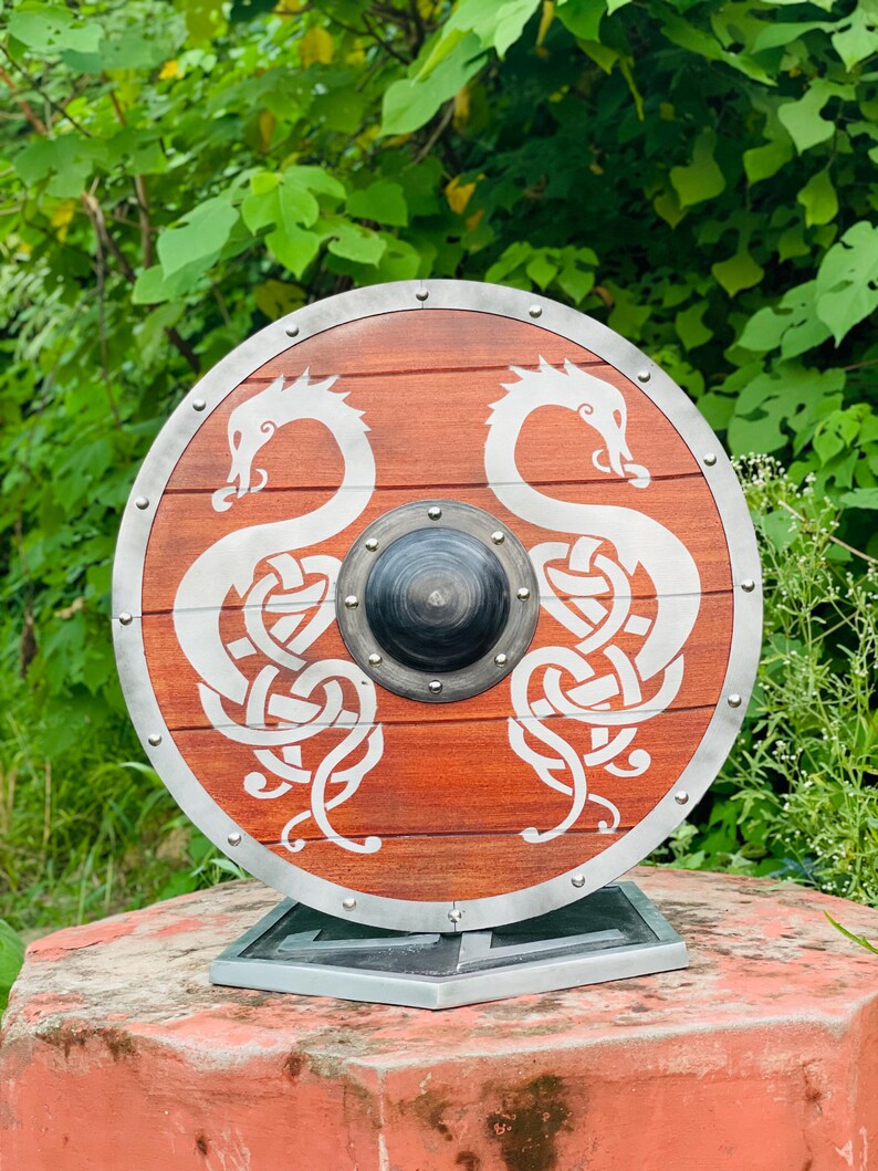 Round Viking Warrior Shield with metal boss and leather gri