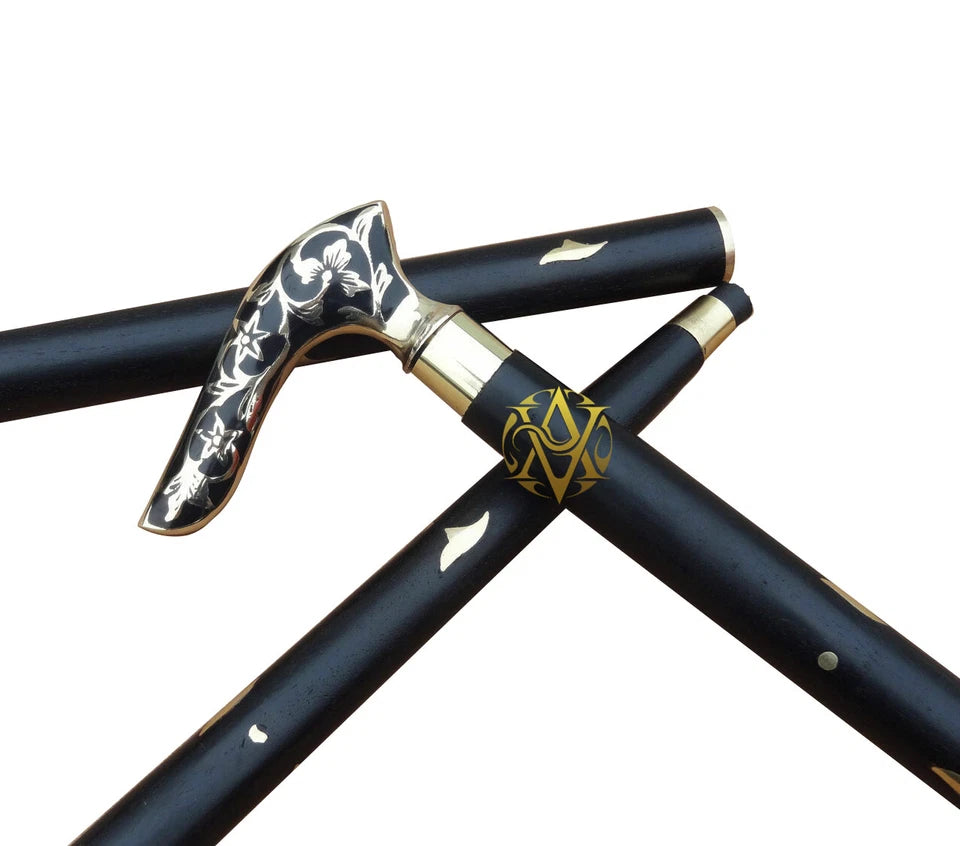 Vintage Brass Handle Black Wood Cane Ideal Gift for Elders and Collectors