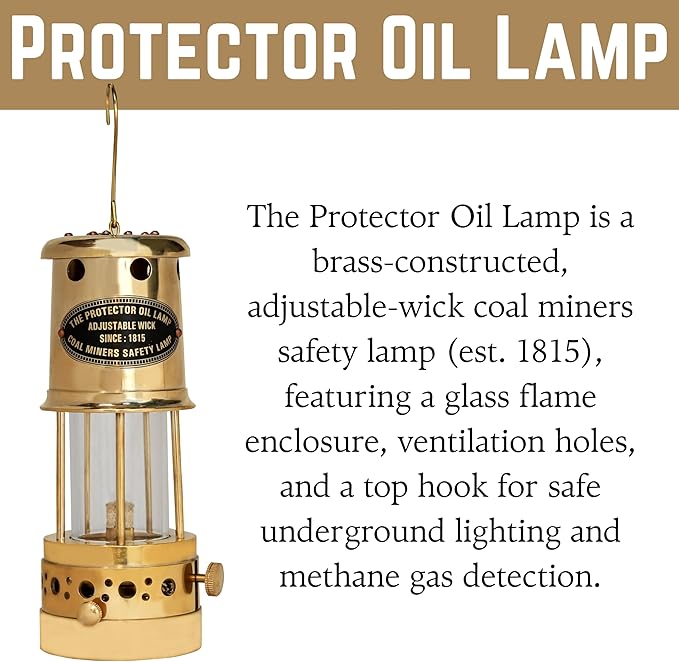 Vintage brass protector oil lamp displayed on wooden mantel as rustic decor piece