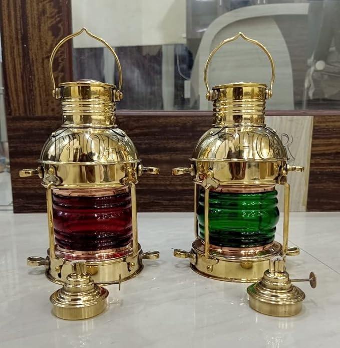Vintage Brass Lantern with Red Fresnel Lens – Fully Functional Oil Burner for Nautical Decor