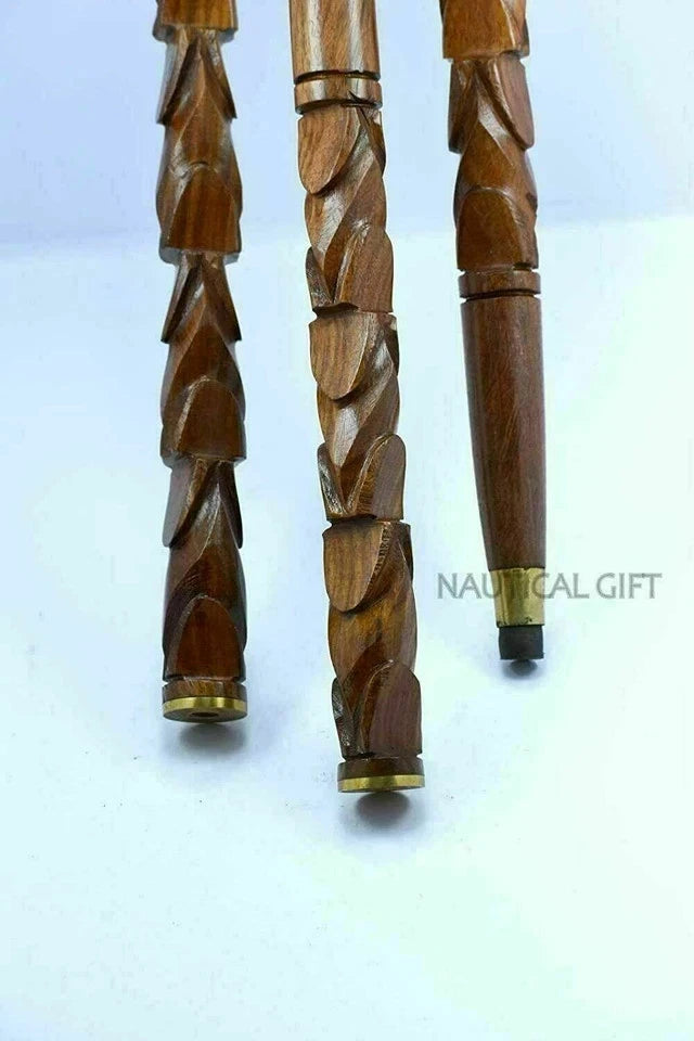 Full-length view of vintage brass walking cane made from wood and solid aluminum