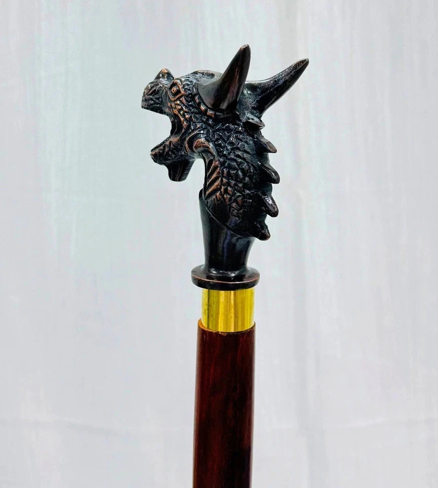 Close-up of Vintage Dragon Walking Stick Handle Design
