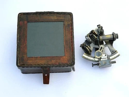 Vintage marine sextant made of solid brass with handcrafted leather-wrapped box
