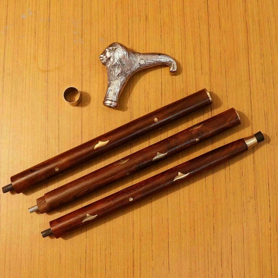 Vintage nautical brass handle on wooden walking cane, collectible gift