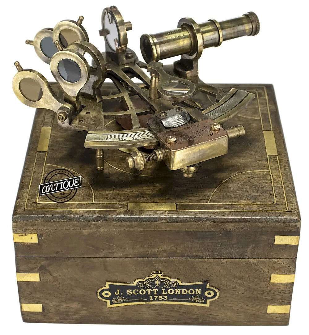 Vintage nautical brass sextant with engraved wooden box for display and gifting