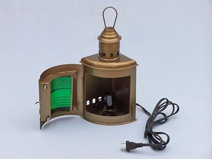 Close-up of vintage nautical lanterns in antique brass showing detailed construction and finish