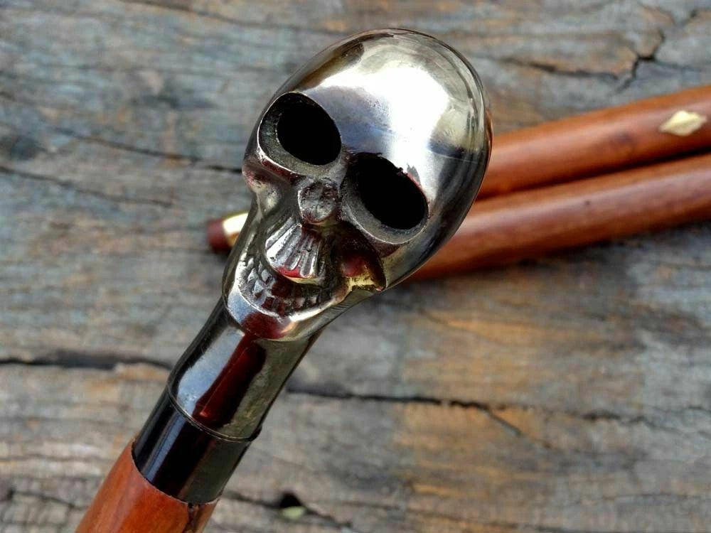 Walking stick cane with brass skull voodoo handle vintage antique design