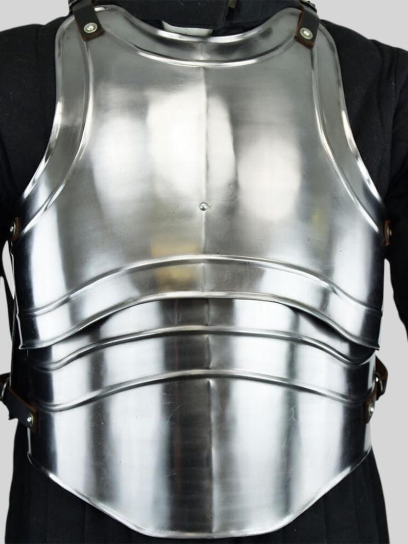Adjustable leather straps on steel breastplate armor for warrior knight cosplay and reenactments