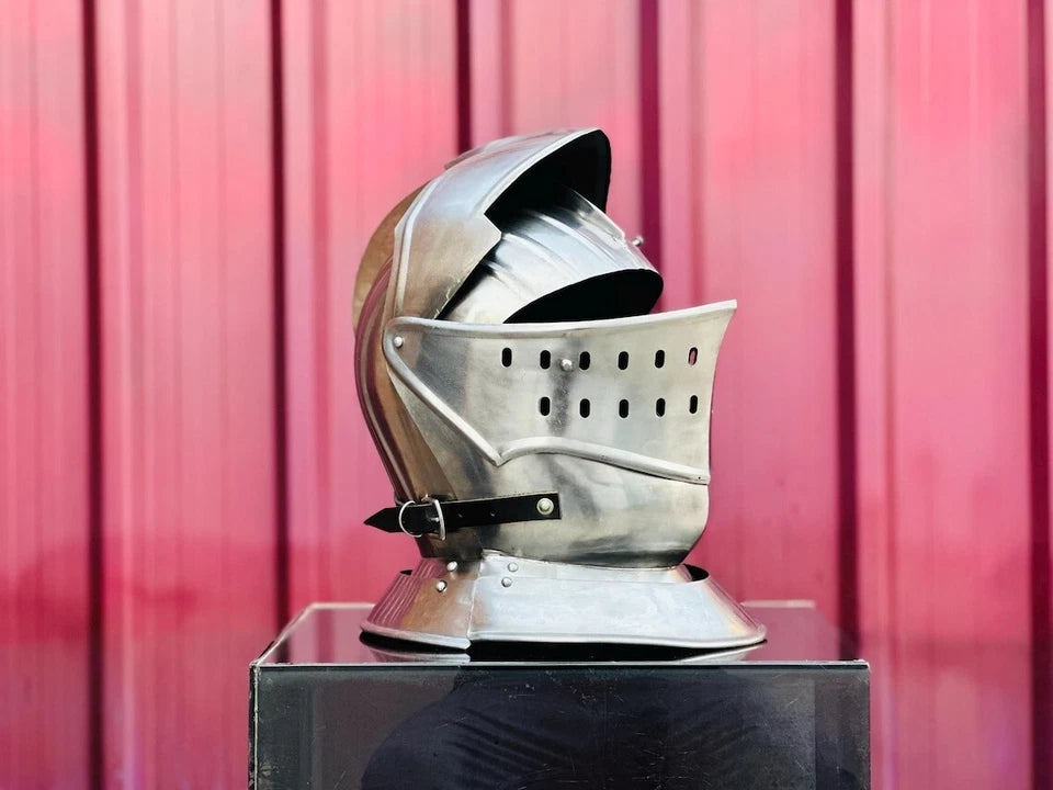 Side view of wearable Gothic-style steel helmet with full-face visor
