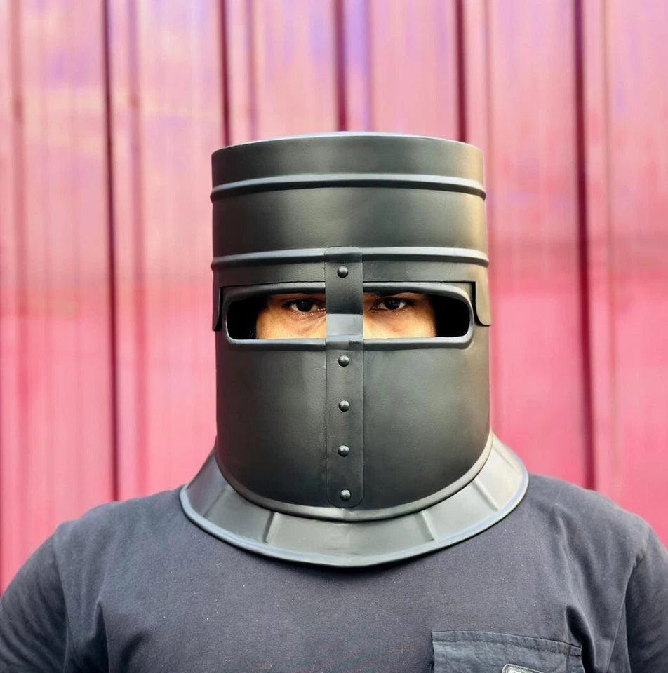 Fully wearable steel knight helmet with adjustable strap, perfect for LARP and cosplay events