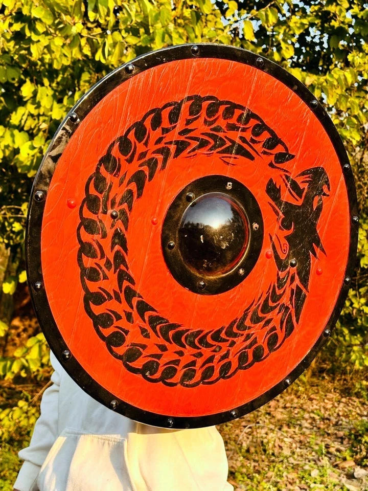 Back view of Viking shield showing leather straps for wearing during cosplay or events