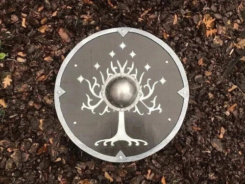 Back of 22-inch Viking shield showing leather straps for wearable use or cosplay