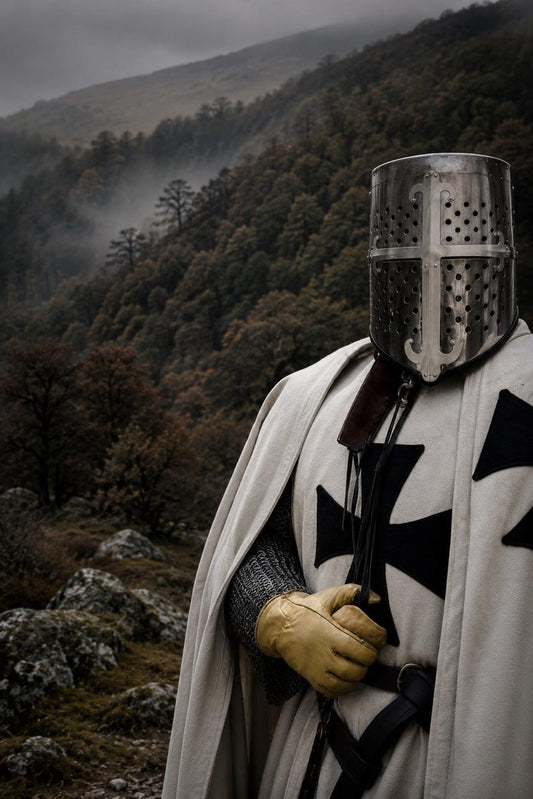 White Templar knight costume front view showing medieval crusader cloak with black cross and decorative winged helmet for cosplay events