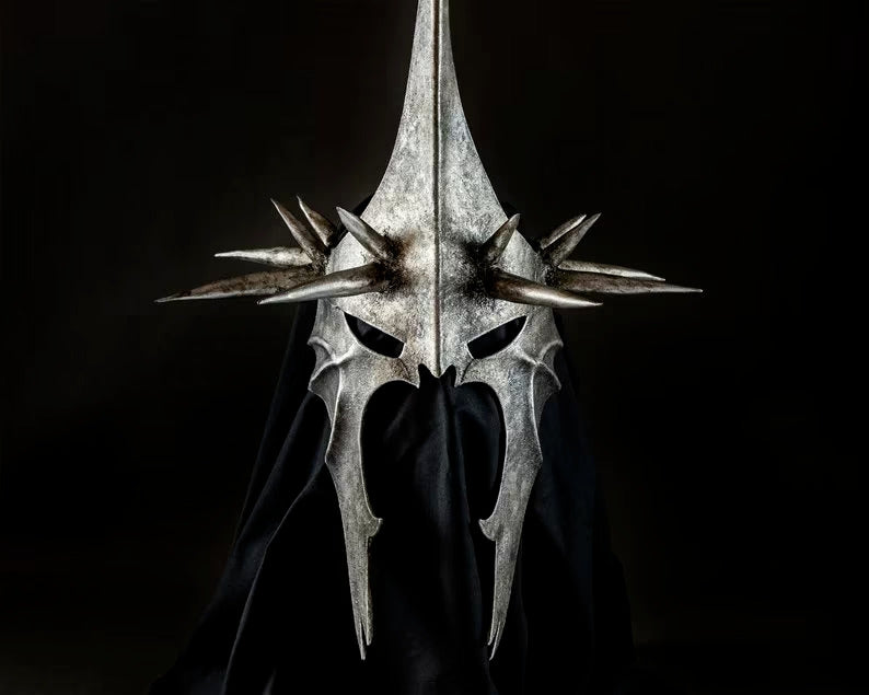Close-up of handcrafted Nazgul Witch King helmet with rolled edges, made of steel with rust-free interior coating by Artisans Hub.