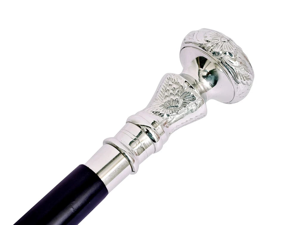 Wooden walking stick shown in three fold travel sections with handcrafted finish