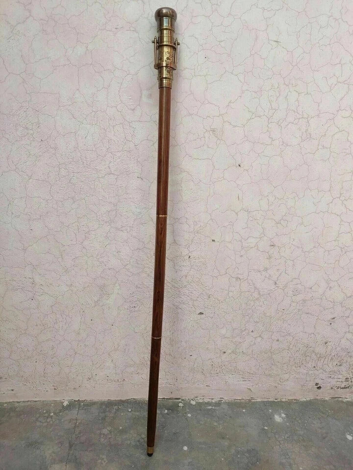 Handmade antique-style walking cane with brass handle and telescope