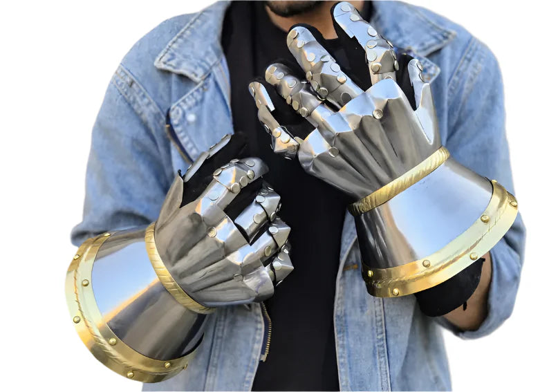 Handcrafted medieval gloves made from leather and metal, perfect for reenactments and cosplay
