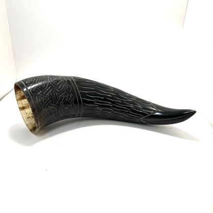 13 inch carved drinking horn with medieval handmade engravings