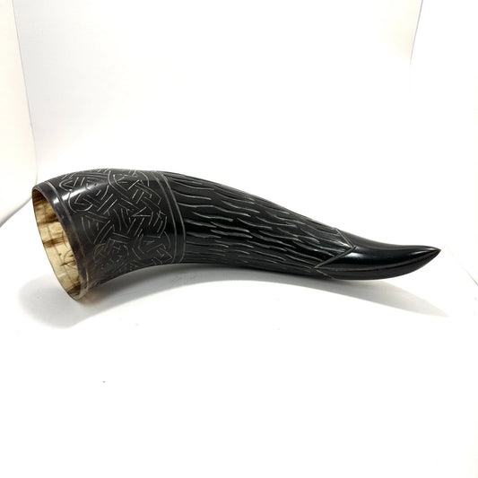 13 inch carved drinking horn with medieval handmade engravings