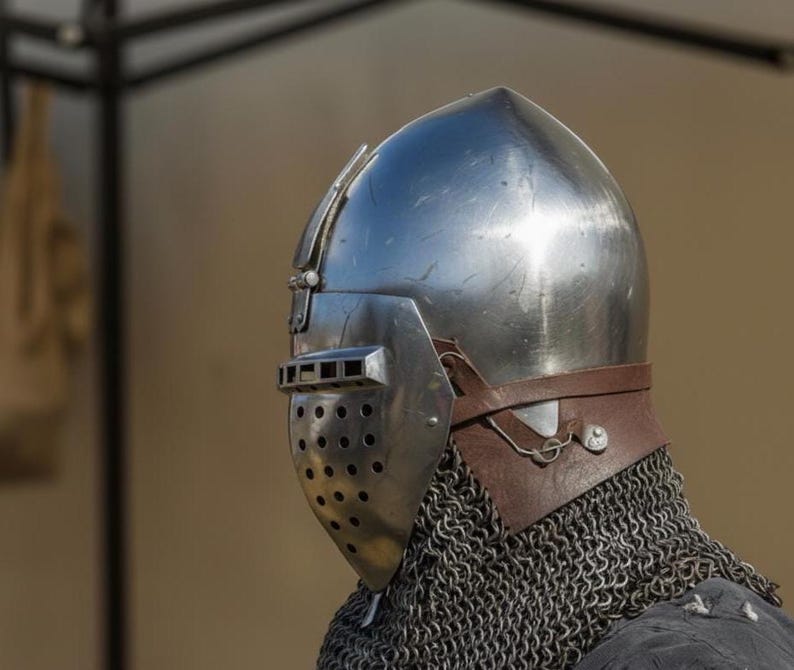 14th century Hounskull bascinet helmet in steel with riveted chainmail aventail for reenactment
