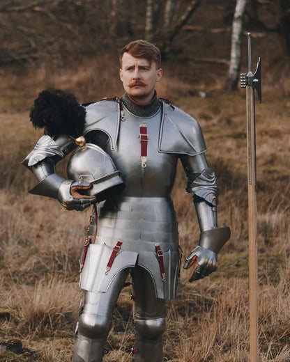 15th Century Knight Plate Armor Harness Full Suit with articulated joints, leather straps, and brass buckles for reenactment, LARP, and cosplay.
