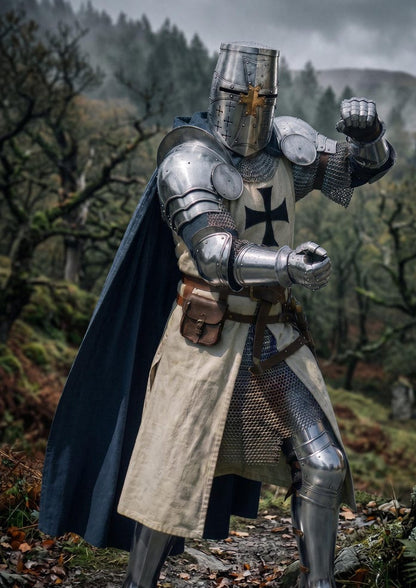 18 Gauge Steel Crusader Knight Armor Set showing detailed pauldrons, gauntlets, and full medieval plate armor components for roleplay use.