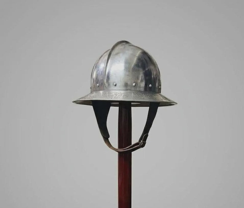18G steel medieval helmet featuring adjustable leather liner for LARP and SCA combat