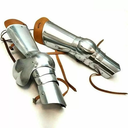 18 gauge steel leg guards with leather straps for adult medieval costume use