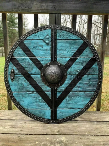 Front view of 24-inch handmade Viking shield with wooden surface and steel fittings