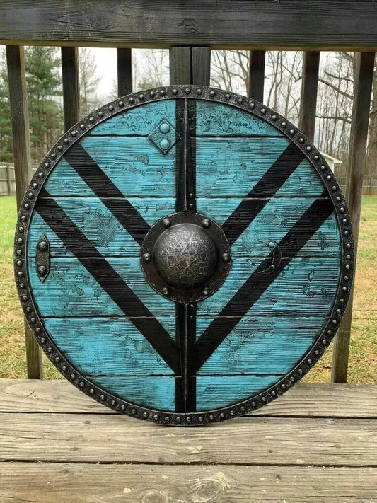 Front view of 24-inch handmade Viking shield with wooden surface and steel fittings