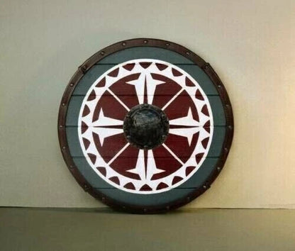 Front view of 24-inch medieval Viking shield made from wood and steel