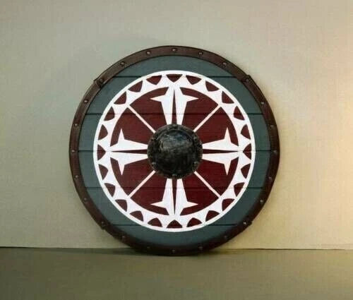 Front view of 24-inch medieval Viking shield made from wood and steel