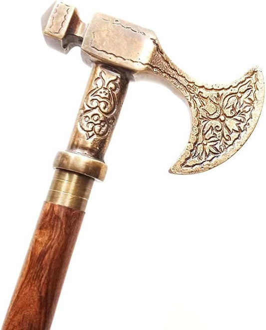 Viking Walking Cane Handmade Vintage Wooden Walking Stick with Brass Antique Axe Handle – Costume Gift for Men & Women