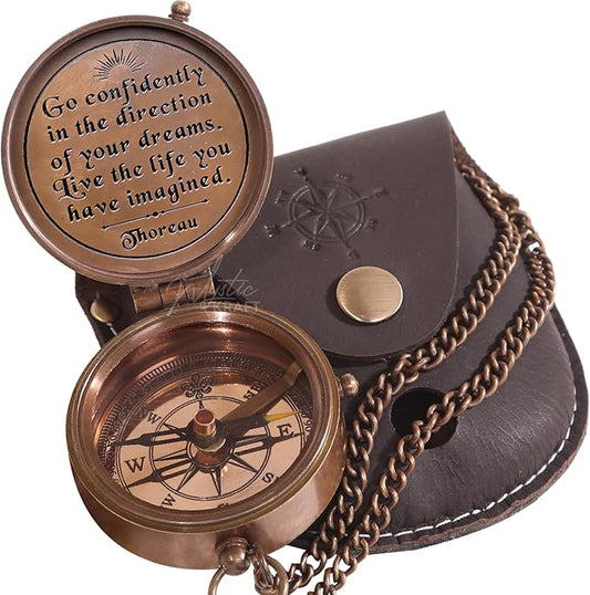 Thoreau's Go Confidently Vintage Brass Pocket Compass – Graduation & Steampunk Gift for Him or Her