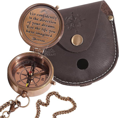 Thoreau's Go Confidently Vintage Brass Pocket Compass – Graduation & Steampunk Gift for Him or Her
